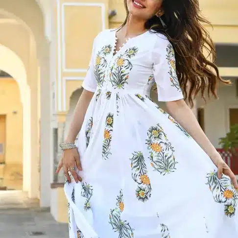 Graceful White Floral Anarkali Kurta Set – Lightweight Summer Ethnic Wear