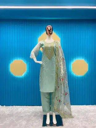 Elegant Pastel Green Embroidered Kurta Set with Organza Dupatta – Festive & Party Wear