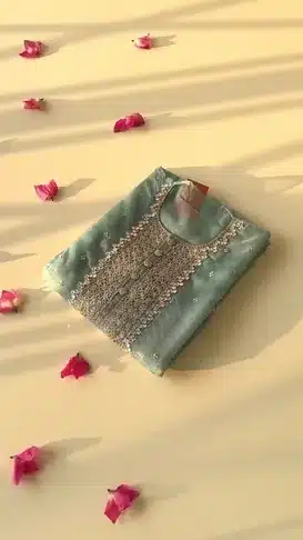 Elegant Pastel Green Embroidered Kurta Set with Organza Dupatta – Festive & Party Wear