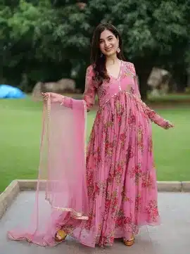 Elegant Rose Pink Floral Anarkali Gown Set with Dupatta – Festive & Party Wear