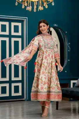 Elegant Beige Pink Floral Anarkali Kurta Set with Dupatta – Festive Ethnic Wear