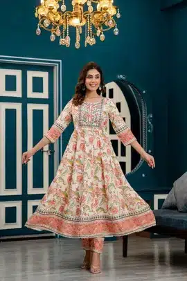 Elegant Beige Pink Floral Anarkali Kurta Set with Dupatta – Festive Ethnic Wear