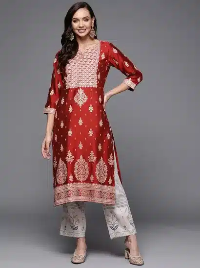 Elegant Red Gold Printed Straight Kurta Set with Palazzo – Festive & Ethnic Wear