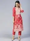 Elegant Red Gold Printed Straight Kurta Set with Palazzo – Festive & Ethnic Wear