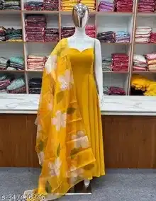 Radiant Mustard Yellow Anarkali Gown Set with Floral Organza Dupatta – Festive Wear