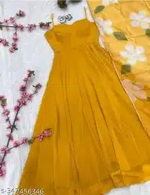 Radiant Mustard Yellow Anarkali Gown Set with Floral Organza Dupatta – Festive Wear