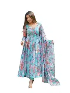 Elegant Pastel Blue Floral Anarkali Kurta Set with Dupatta – Summer Festive Wear
