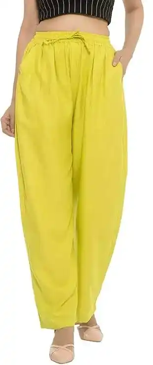 Women’s Solid Relaxed Fit Drawstring Palazzo Pants – Lime Yellow