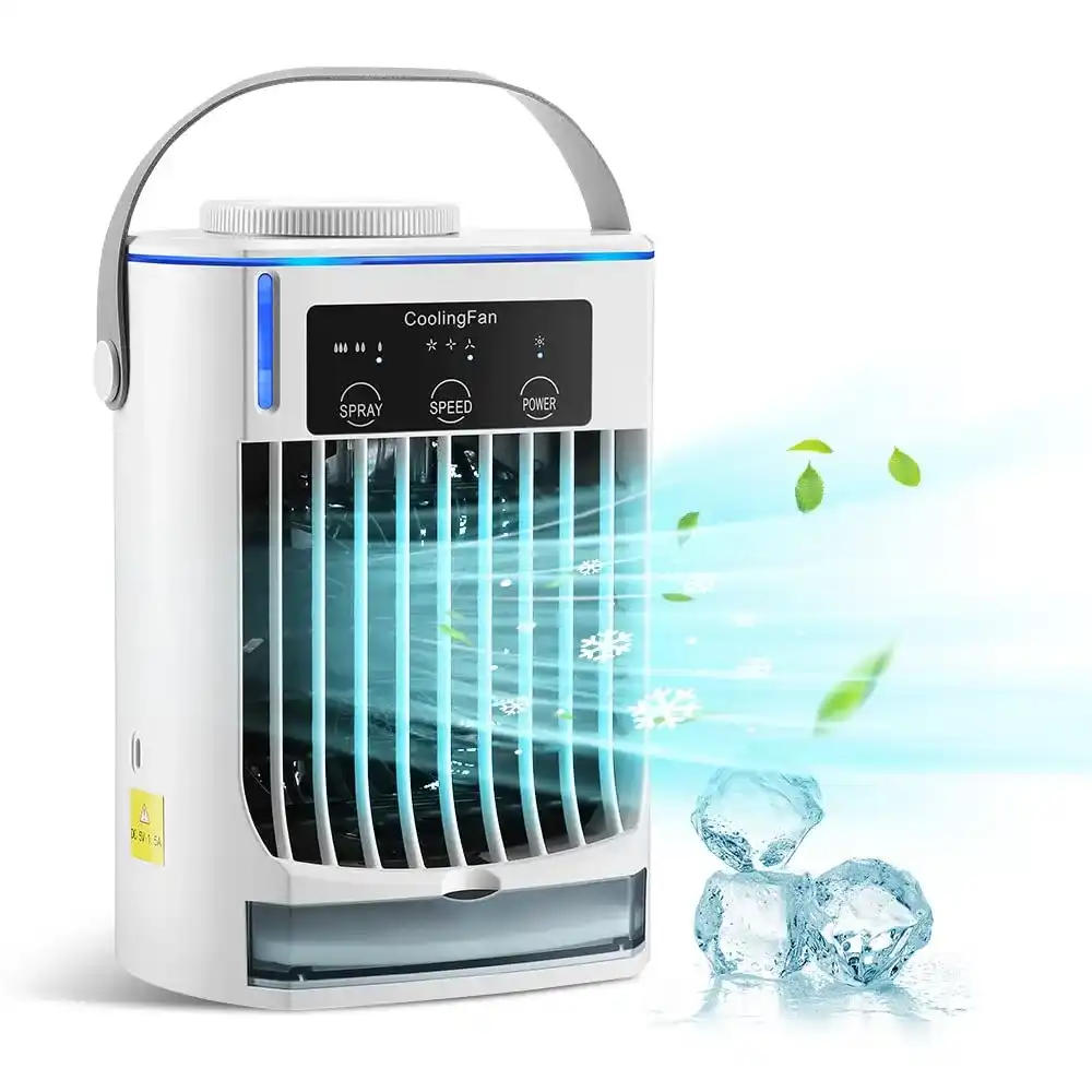 Portable Mini Air Cooler Fan with Mist Spray & LED Cooling Light
