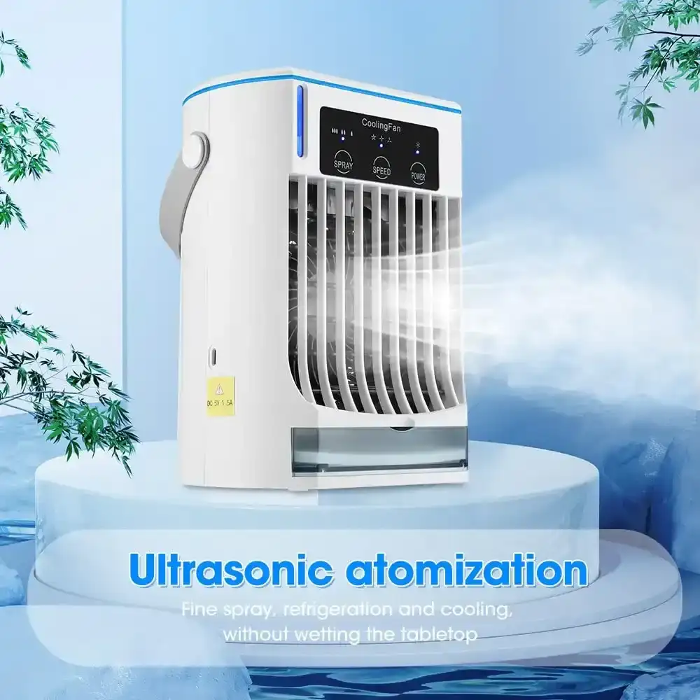 Portable Mini Air Cooler Fan with Mist Spray & LED Cooling Light