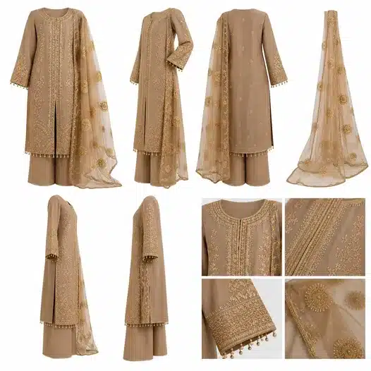 Elegant Beige Embroidered Kurta Set with Dupatta