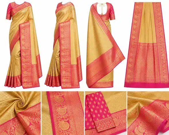 Royal Gold Silk Saree with Pink Zari Border