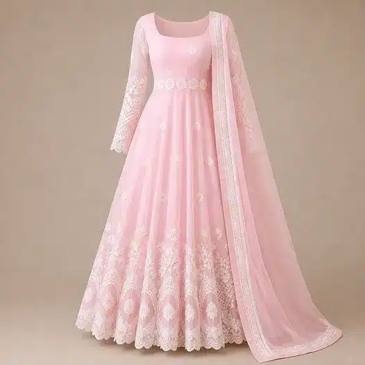 Premium Pink Embroidered Anarkali Gown with Dupatta