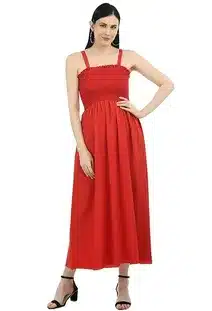 Trendy Red Smocked Midi Dress for Women