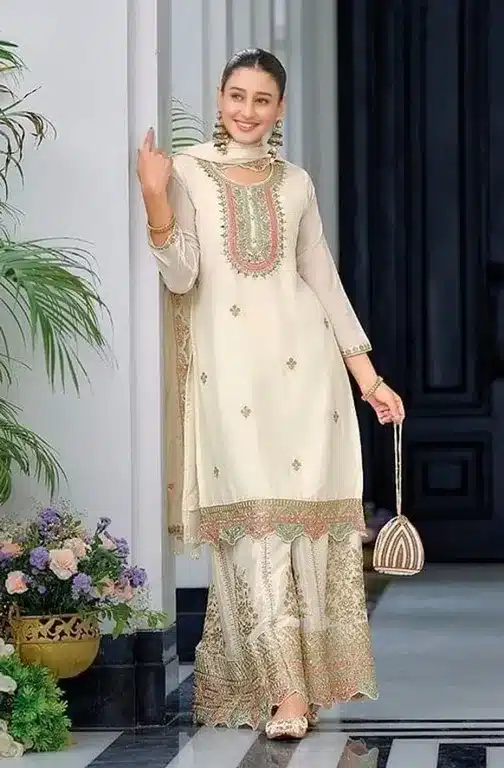 White Chinon Embroidered Stitched Kurta Set