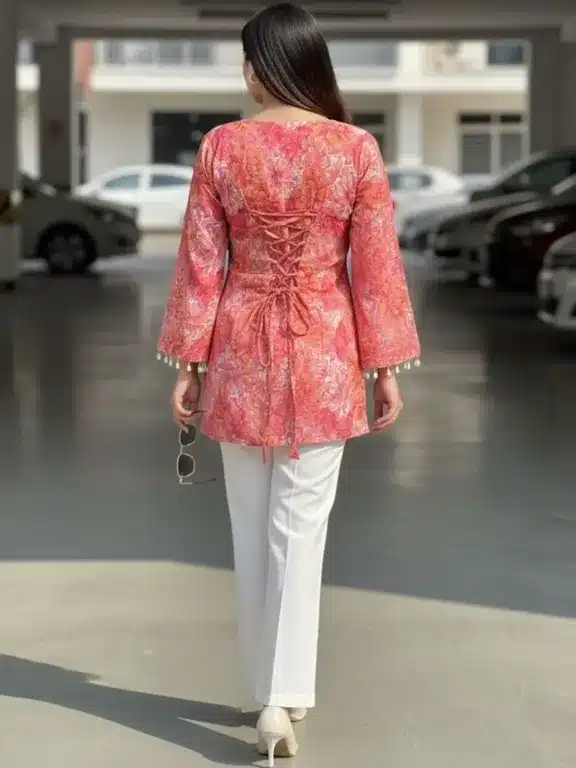 Designer Floral Short Kurti Top with Lace-Up Back