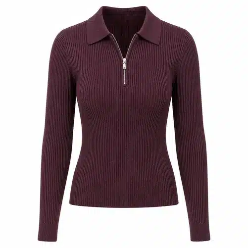 Premium Maroon Ribbed Zip Collar Knit Top