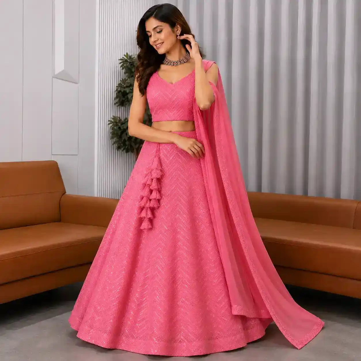 Women’s Elegant Sequin Embroidered Anarkali Gown Set with Dupatta – Pink