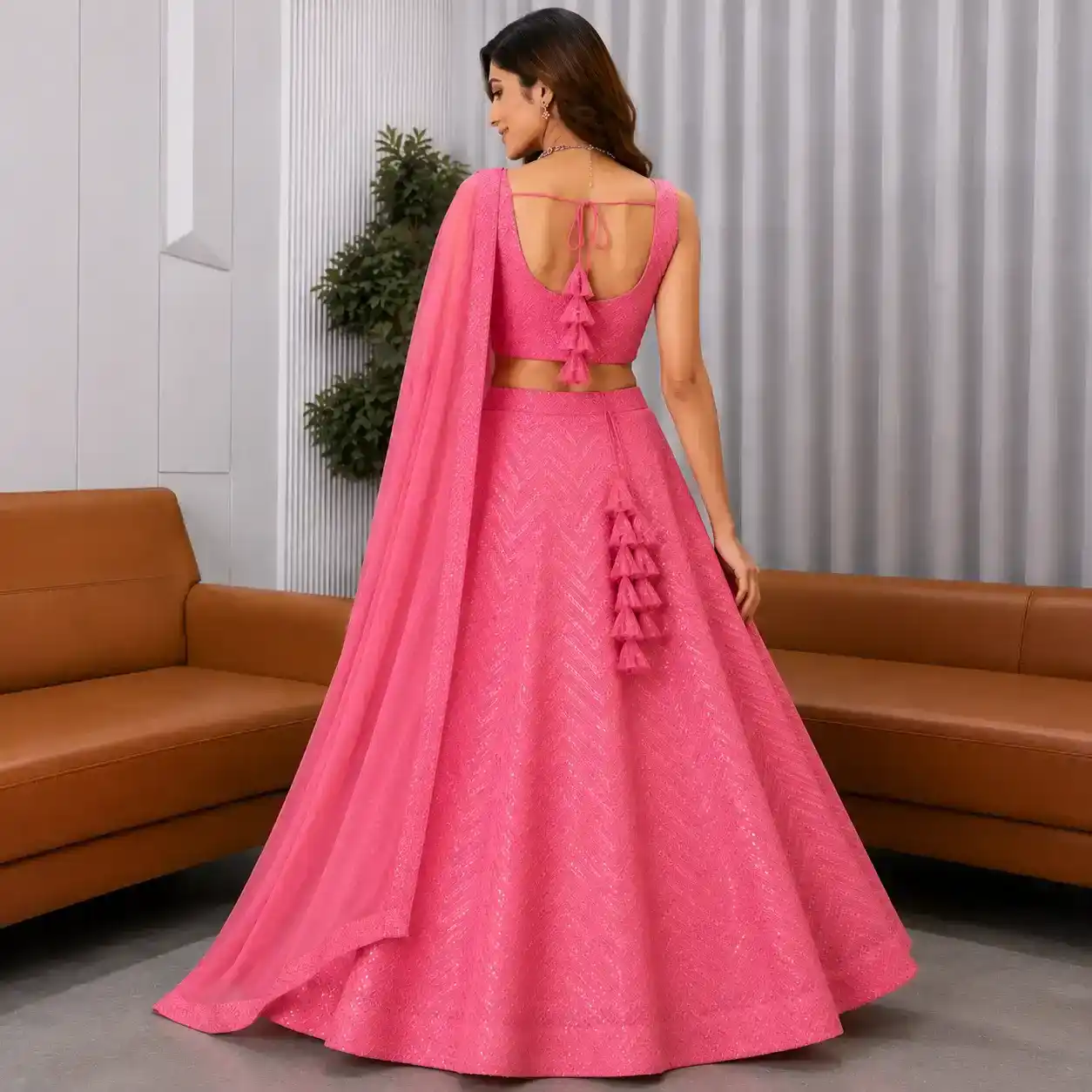 Women’s Elegant Sequin Embroidered Anarkali Gown Set with Dupatta – Pink