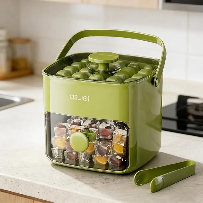 Multi-Layer Ice Cube Maker Box with Storage & Dispenser - Easy Press Ice Tray with Container