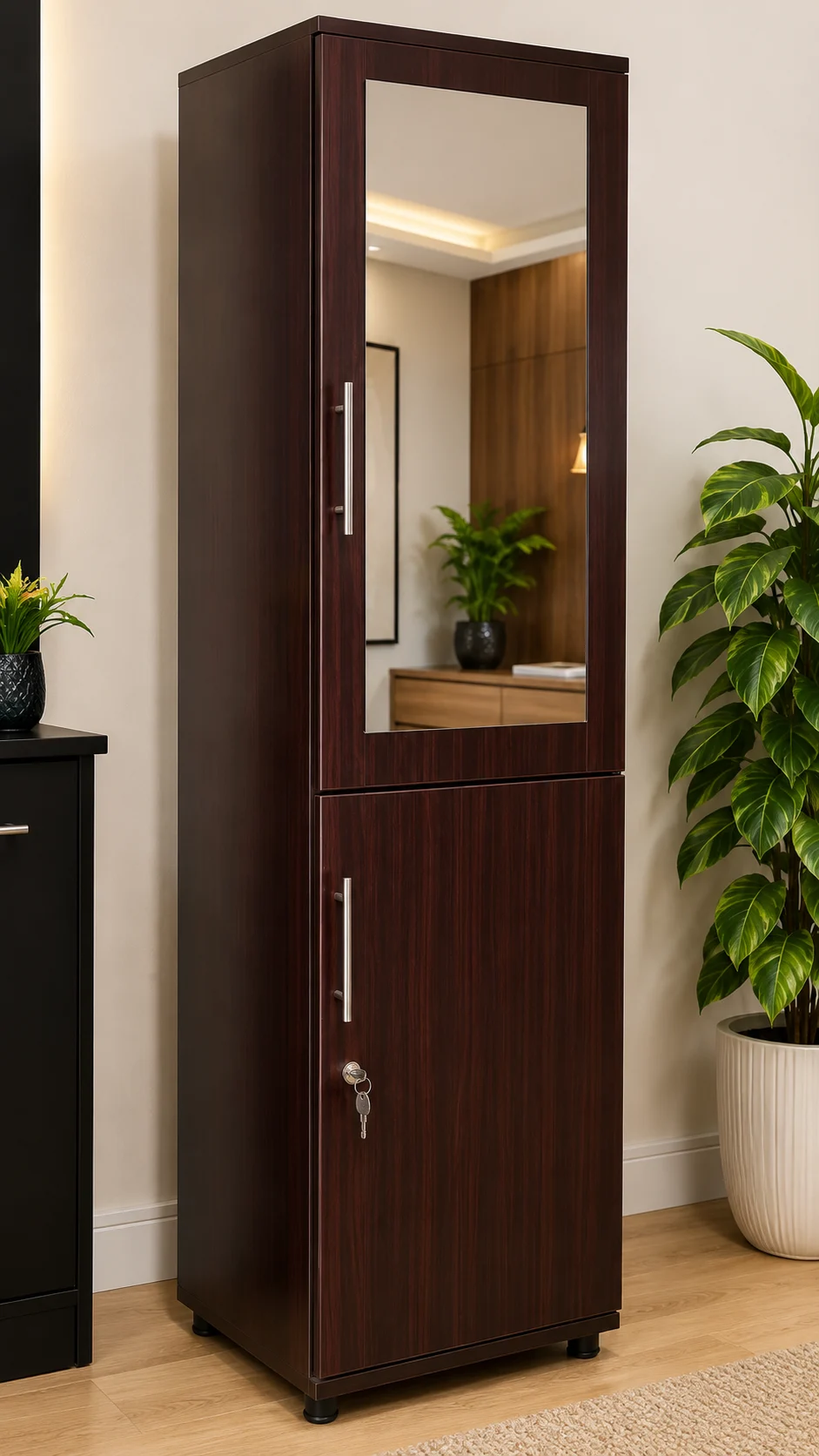 Modern Wooden Wardrobe Cabinet with Mirror & Storage Compartments