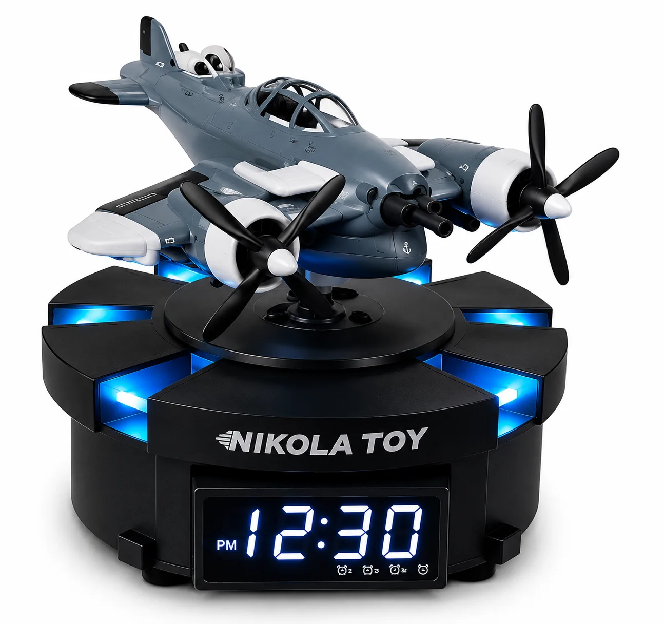 Nikola Fighter Jet Digital LED Alarm Clock with Rotating Aircraft