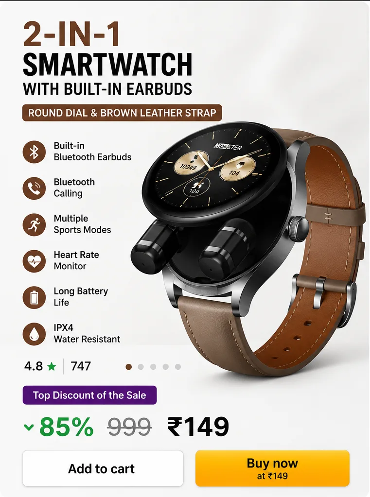 2-in-1 Smartwatch with Built-in Wireless Earbuds