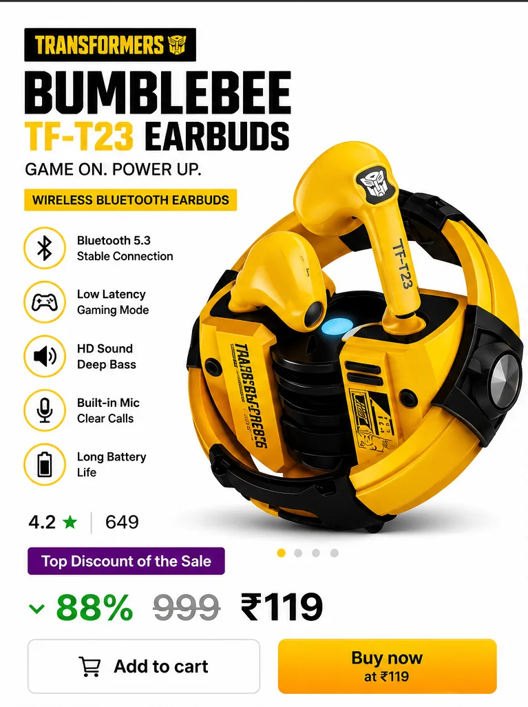 Transformers Bumblebee TWS Wireless Gaming Earbuds