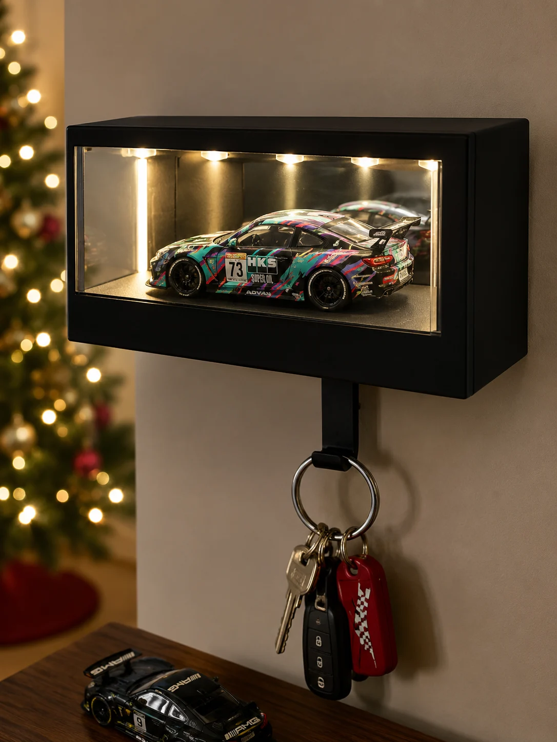 LED Wall Mounted 1:64 Diecast Car Display Case with Key Holder