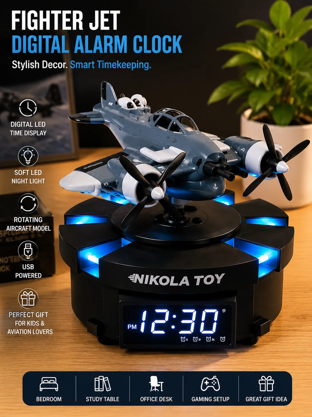 Nikola Fighter Jet Digital LED Alarm Clock with Rotating Aircraft